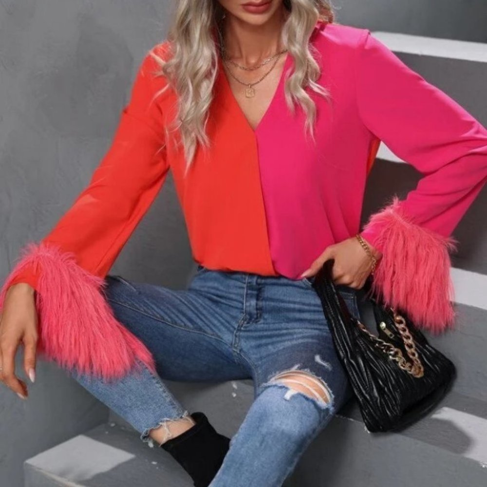 top trends colorblock blouse with faux furry fuzzy cuffs - Picture 3 of 9